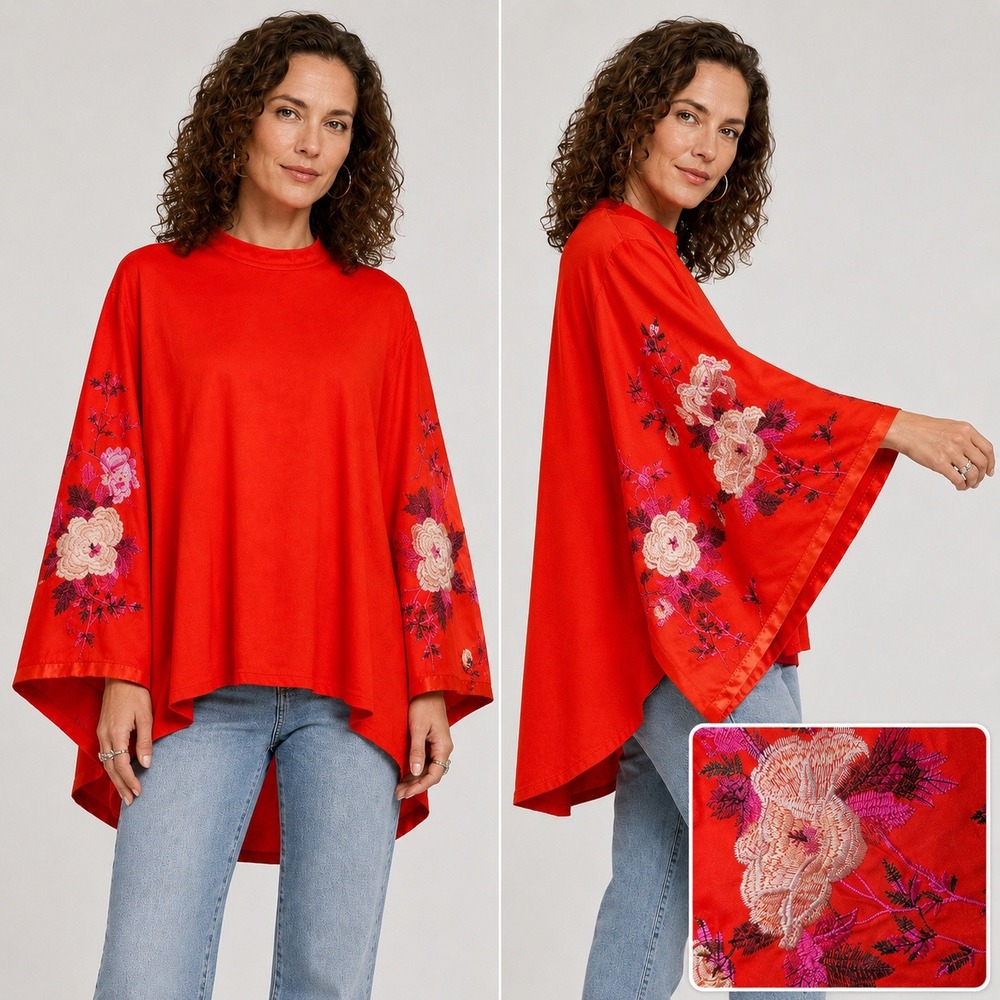 Free People Sydney Tuesday Embroidered Kimono Top Womens M Red Floral Boho Artsy